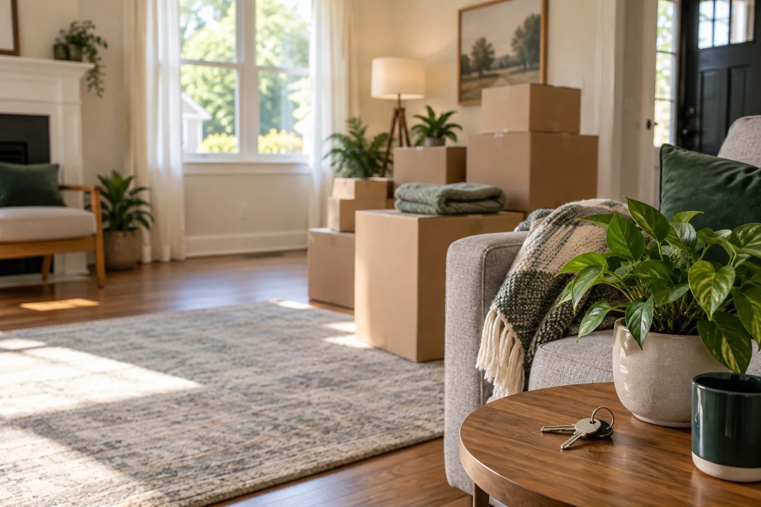 Illustrative moving boxes and keys in a bright living room