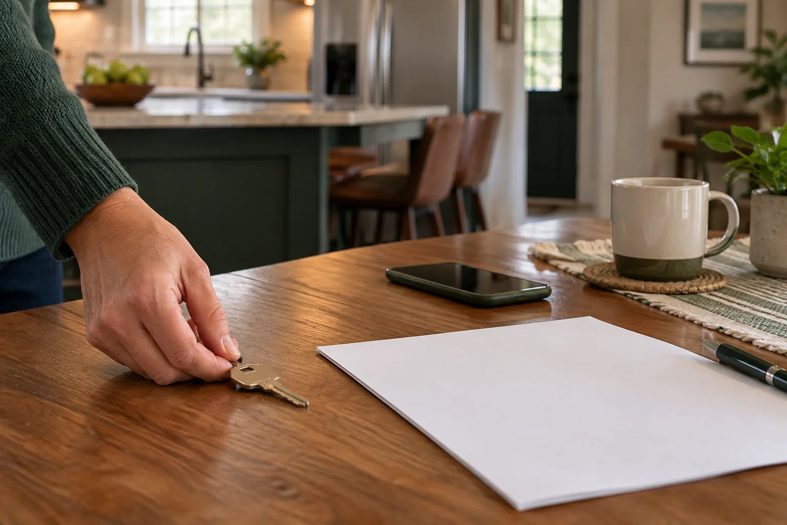 Illustrative house key and property information on a kitchen table