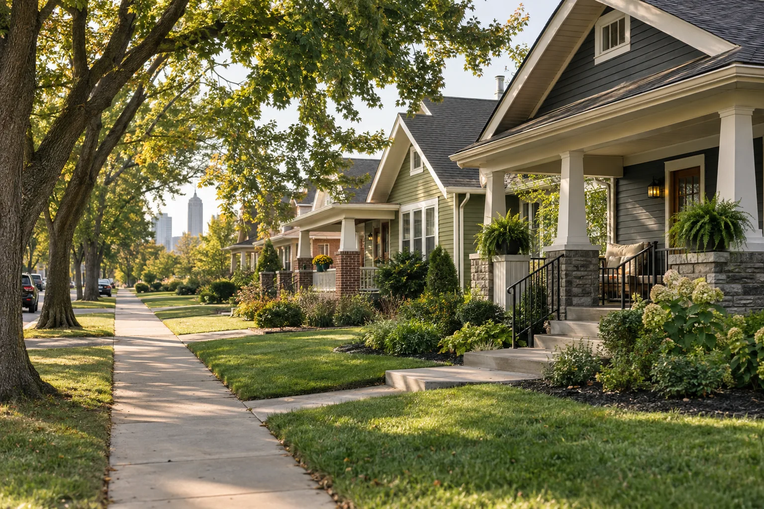 Illustrative tree-lined Midwestern residential neighborhood