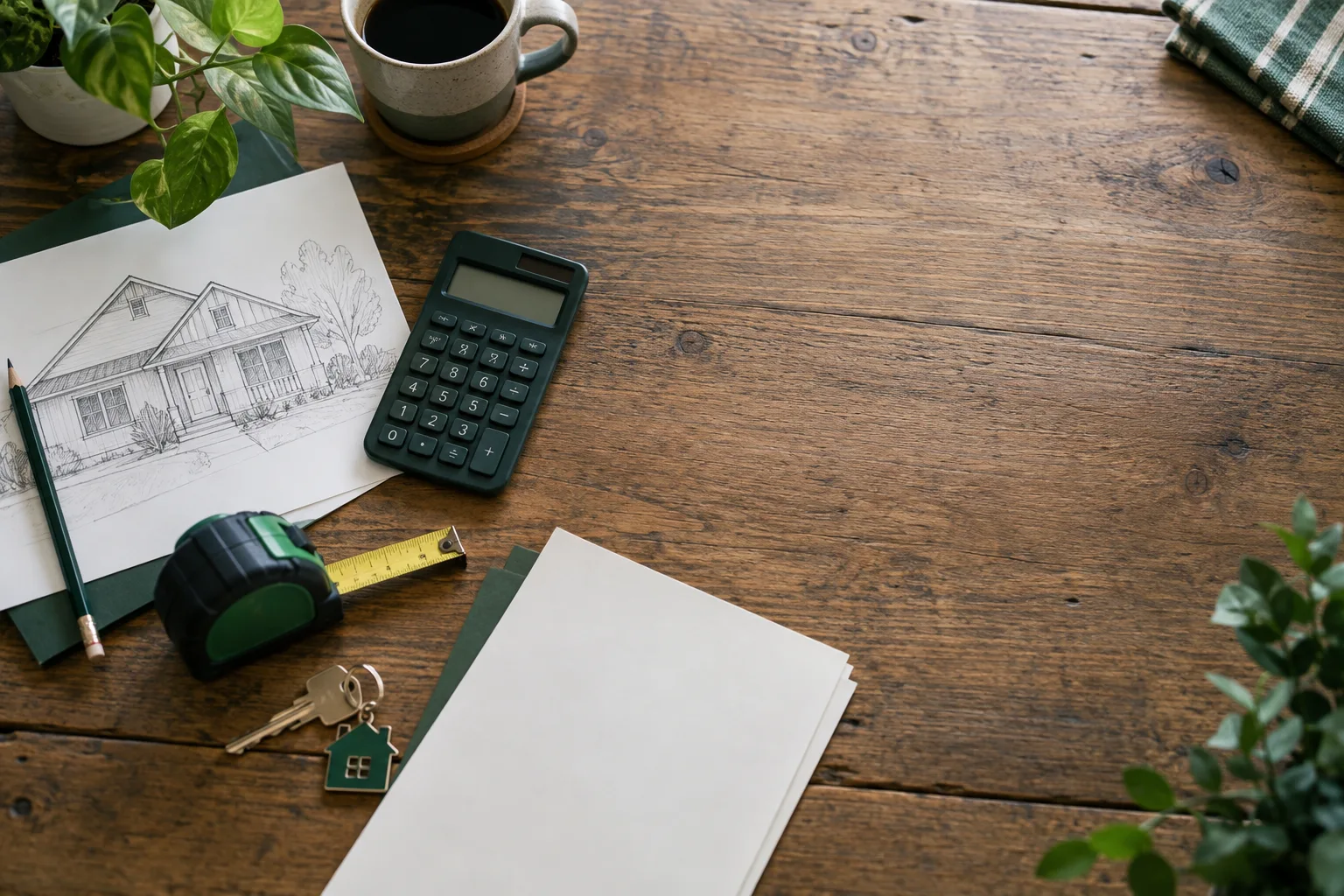 Illustrative calculator, house sketch, and keys on a desk