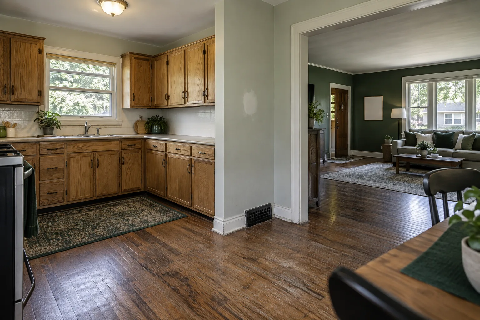 Illustrative older home interior with dated cabinets